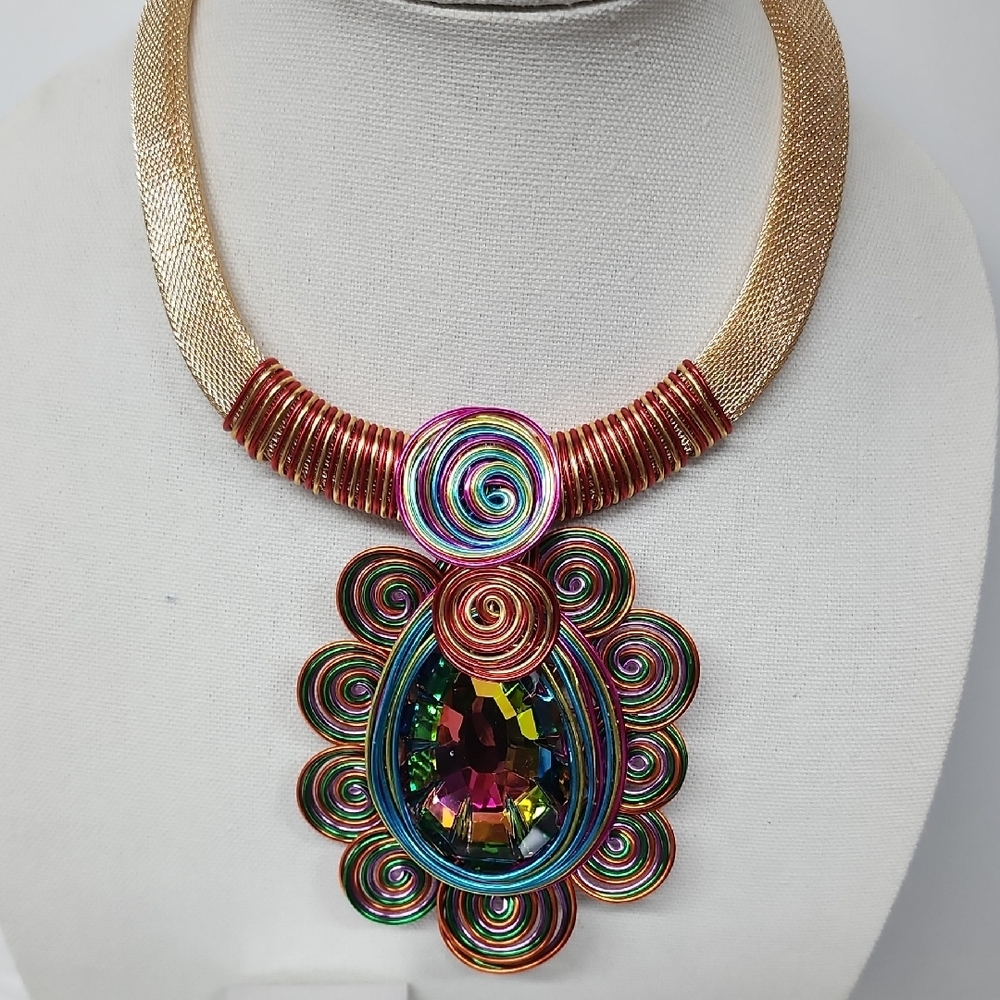 Multicolor Wire Wrapped Statement Necklace And Ea… - image 3
